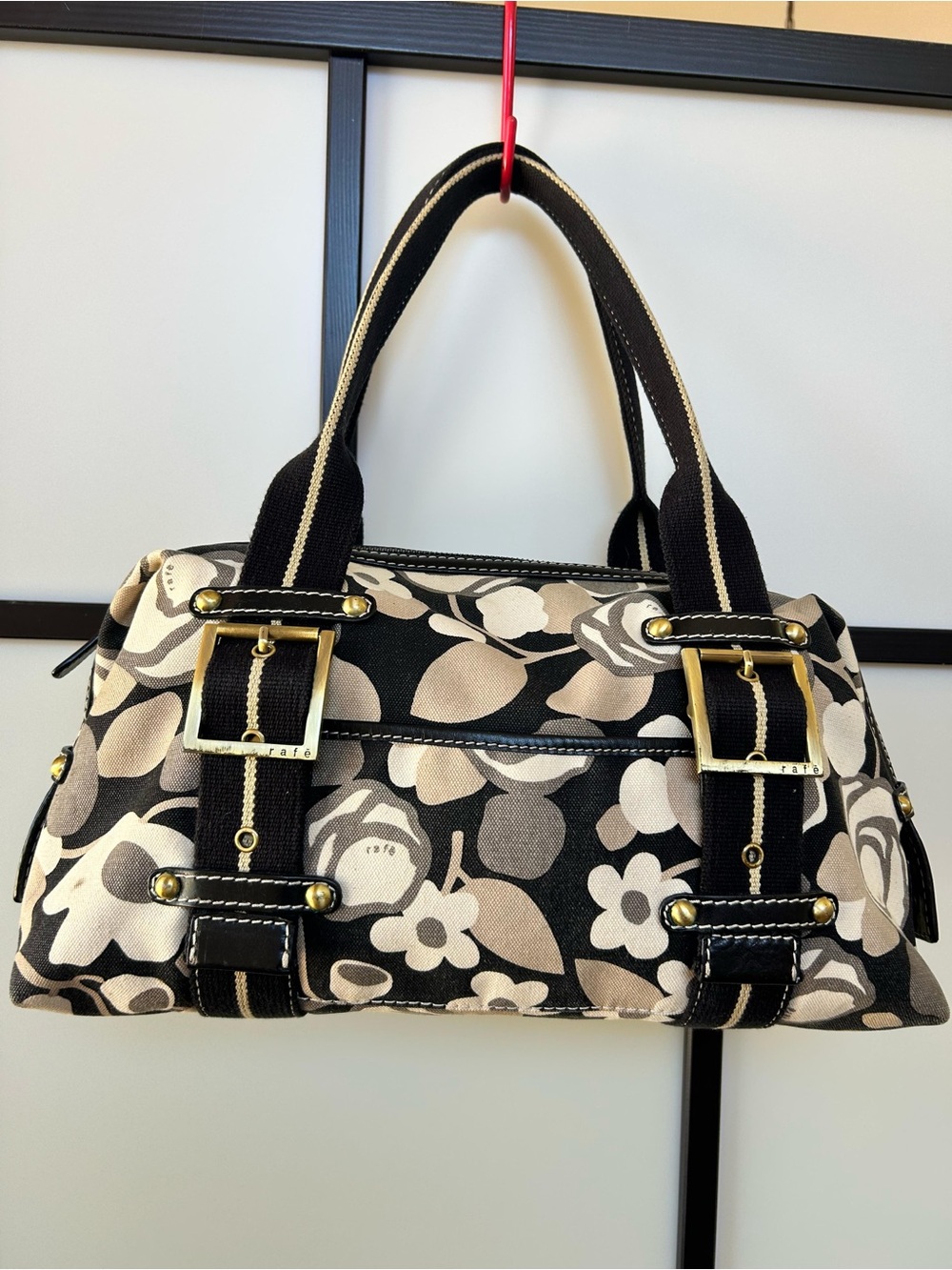 Rafe Black and Cream Floral Shoulder Bag with Gold Hardware